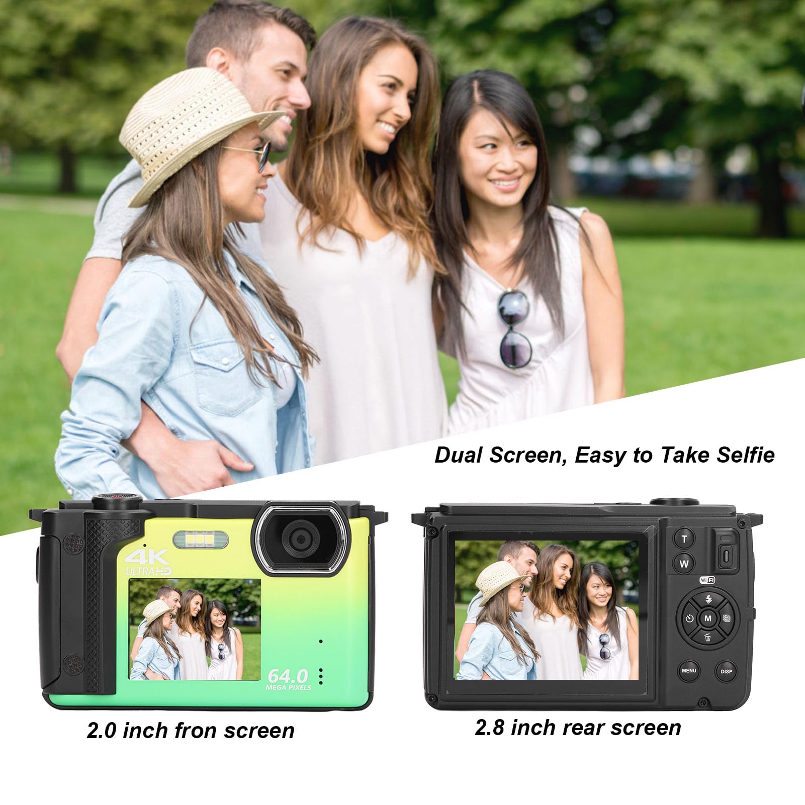 4K Digital Camera, 64MP 16X Zoom Dual Screens Anti Shake Video Camera, WiFi Point and Shoot Camera with Built in Flash & Timer Selfie Function, for Beginners Kids Teens Gift