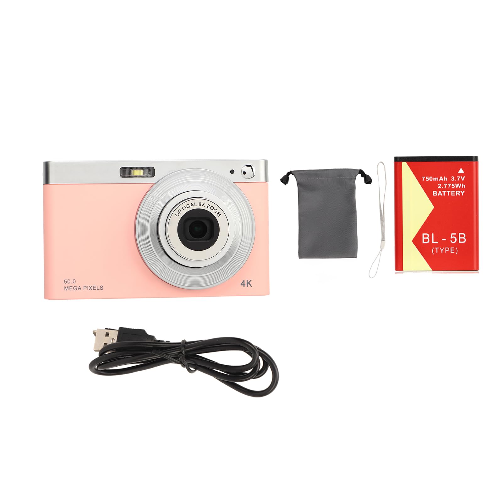 Portable Digital Camera, 4K Video Output Fill Light 2.88 Inch HD IPS Screen Anti Jitter Teens Small Camera with Lanyard for Travel (Pink)