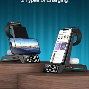 Wireless Charging Station - 4 in 1 Wireless Charger with Alarm Clock, Charging Stand Dock for iPhone 15/14/13/12/11/Pro/Max/XR/XS/X/Samsung Phone, for AirPods Pro/3/2, Apple Watch 9/8/7/6/5/SE/4/3/2