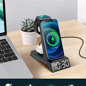 Wireless Charging Station - 4 in 1 Wireless Charger with Alarm Clock, Charging Stand Dock for iPhone 15/14/13/12/11/Pro/Max/XR/XS/X/Samsung Phone, for AirPods Pro/3/2, Apple Watch 9/8/7/6/5/SE/4/3/2