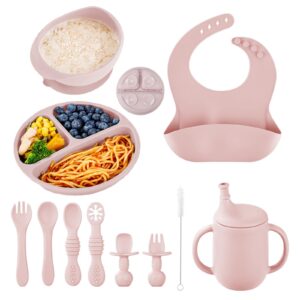 baby led weaning supplies, foteemo 11-piece silicone baby feeding set self feeding baby utensils first food set for 6+ months toddler baby plates with suction (pink)