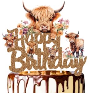 highland cow happy birthday cake topper highland cow birthday party supplies brown glitter highland cow cake decorations for western cowboy theme birthday party highland cow baby shower supplies