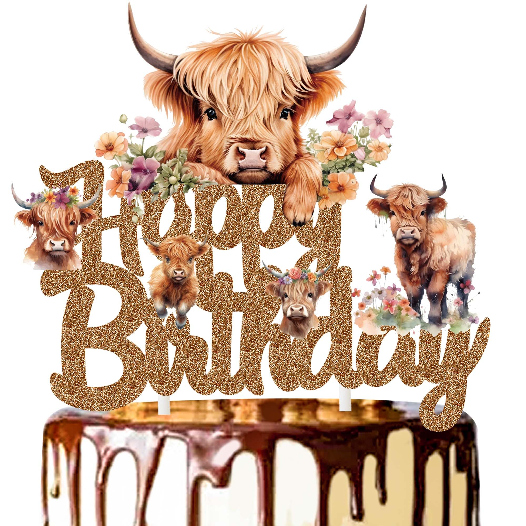 Highland Cow Happy Birthday Cake Topper Highland Cow Birthday Party Supplies Brown Glitter Highland Cow Cake Decorations for Western Cowboy Theme Birthday Party Highland Cow Baby Shower Supplies