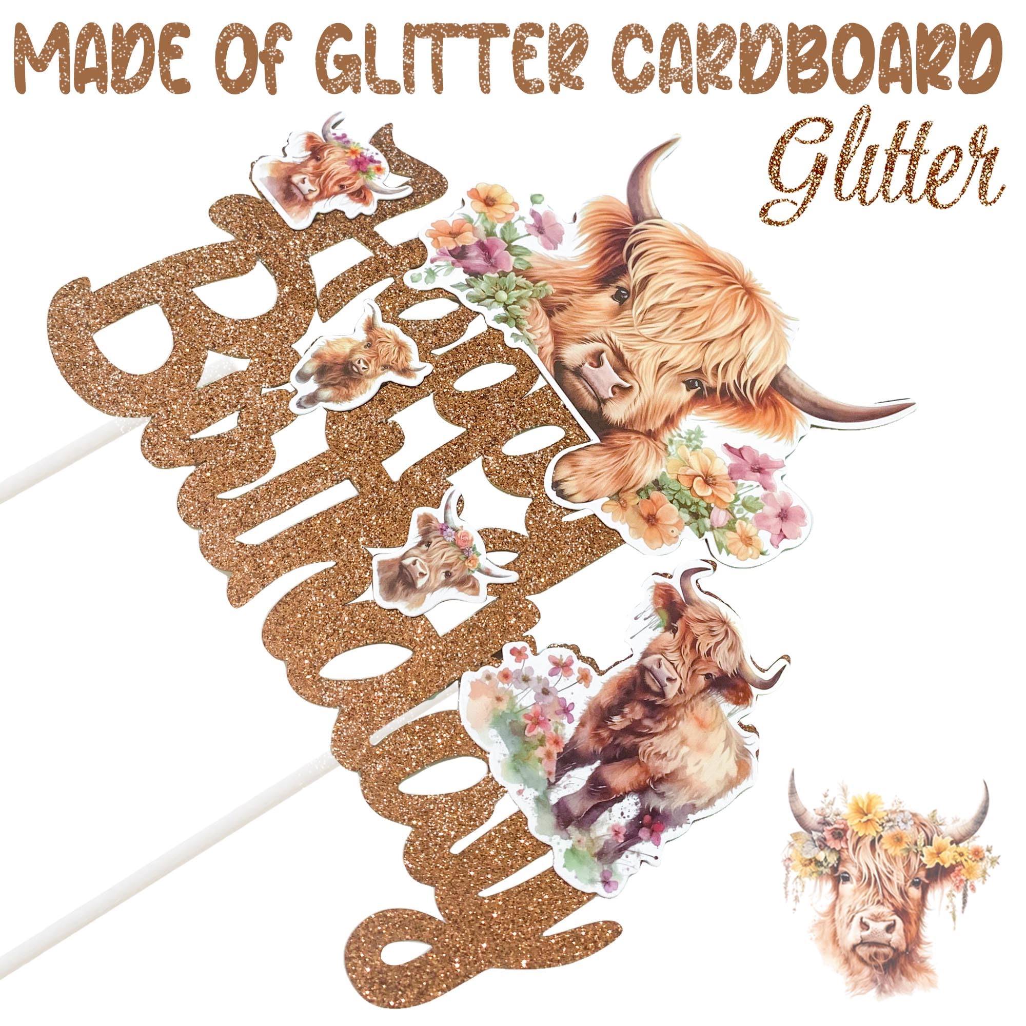 Highland Cow Happy Birthday Cake Topper Highland Cow Birthday Party Supplies Brown Glitter Highland Cow Cake Decorations for Western Cowboy Theme Birthday Party Highland Cow Baby Shower Supplies