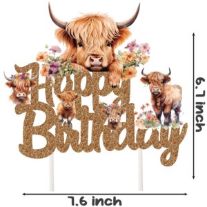 Highland Cow Happy Birthday Cake Topper Highland Cow Birthday Party Supplies Brown Glitter Highland Cow Cake Decorations for Western Cowboy Theme Birthday Party Highland Cow Baby Shower Supplies