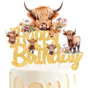 Highland Cow Birthday Cake Topper Gold Glitter Highland Cow Birthday Party Decorations Brown Cow Cake Topper Highland Cow Birthday Cake Decorations for Western Highland Cow Baby Shower Supplies