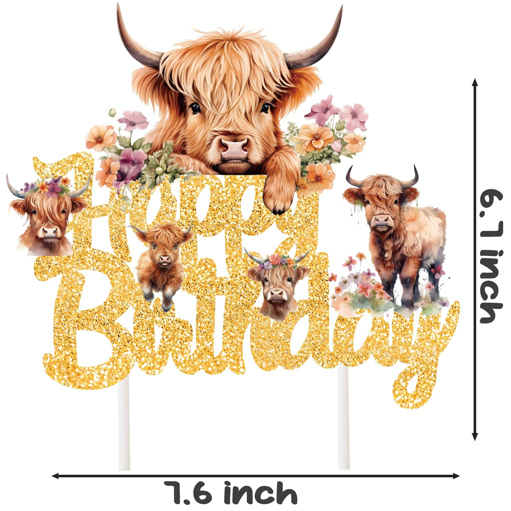 Highland Cow Birthday Cake Topper Gold Glitter Highland Cow Birthday Party Decorations Brown Cow Cake Topper Highland Cow Birthday Cake Decorations for Western Highland Cow Baby Shower Supplies