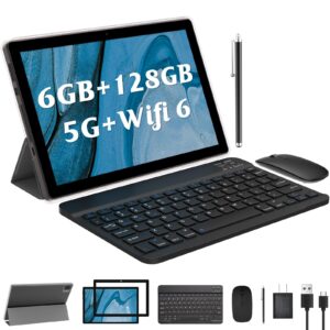 10 inch android tablet, 2 in 1 tablet with keyboard 6gb + 128gb 10.1'' tablets, 5g wifi 6, bt 5.0, 1.8ghz cpu tableta pc, 8mp camera, 6000mah, comptuer tablet include case mouse stylus film, black