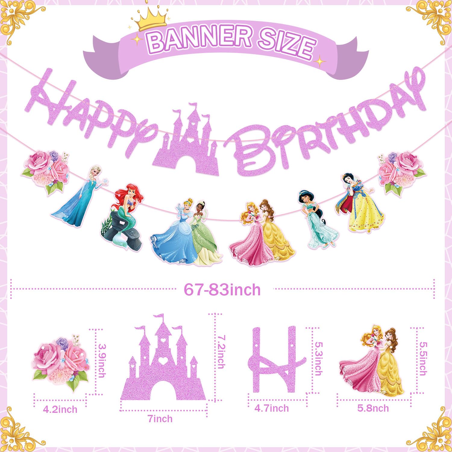Pink Princess Birthday Banner for Girls, Princess Birthday Party Decoration For Girls Kids Birthday Party Baby Shower Decorations (Pink)