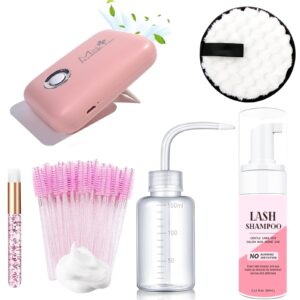 eyelash extension cleanser eyelash fan, aremod 50ml lash shampoo for lash extensions 50pcs eyelash brush cleaning brush makeup remover pad and rinse bottle for lash cleaning for salon home use(pink)