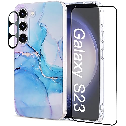 OLEBAND Case for Samsung Galaxy S23: with Screen and Camera Lens Protector,No Fading Marble Pattern, Shockproof Soft Bumper Women Phone Cover 2023 6.1"(Watercolor Marble)