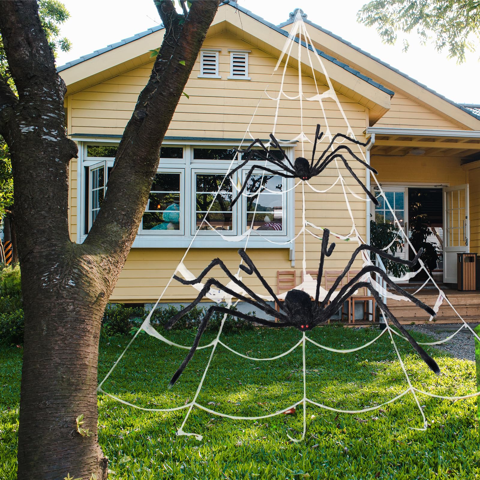 276‘'Halloween Spider Web + 78" Giant Spider Decorations Fake Spider with Triangular Spider Web for Outdoor Halloween Decorations Yard Parties Home Costumes Haunted House