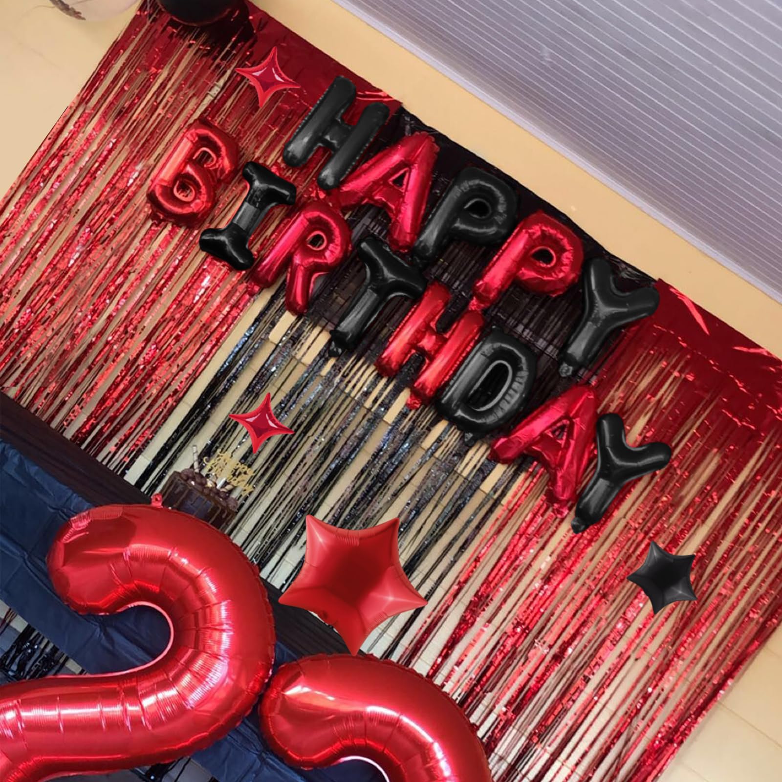 CANREVEL Happy Birthday Banner 13pcs 16 Inch Mylar Foil Letters with 12pcs Star Balloons Birthday Party Decorations for Kids and Adults - 3D Black Red