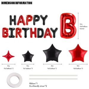 CANREVEL Happy Birthday Banner 13pcs 16 Inch Mylar Foil Letters with 12pcs Star Balloons Birthday Party Decorations for Kids and Adults - 3D Black Red