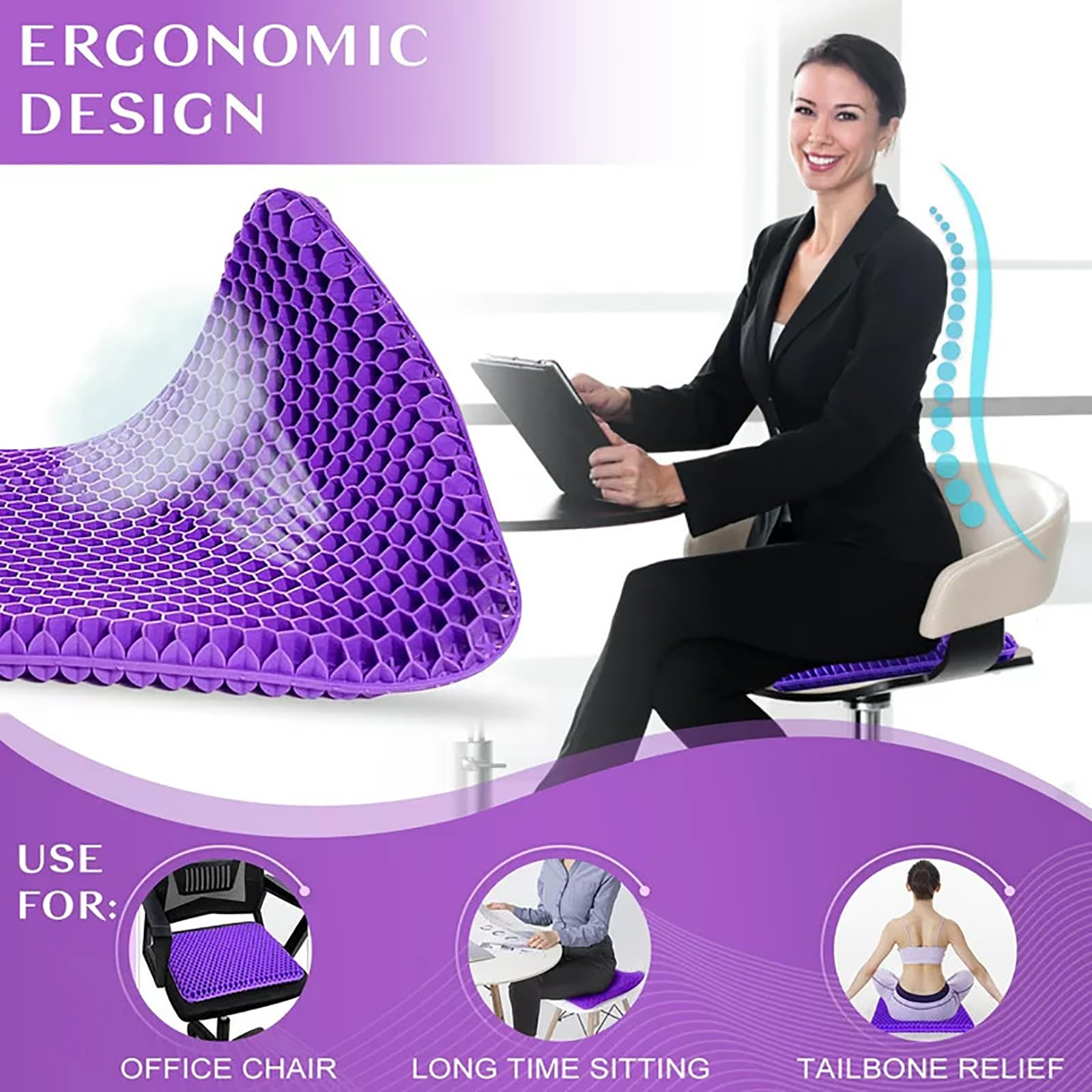 Gel Seat Cushion for Long Sitting – Breathable Honeycomb Design – Back Pain, Sciatica, Hip, Tailbone Pain Relief Cushion, Office Chair Cushion, Wheelchair Cushion, Car Seat Cushion, Chair Pads