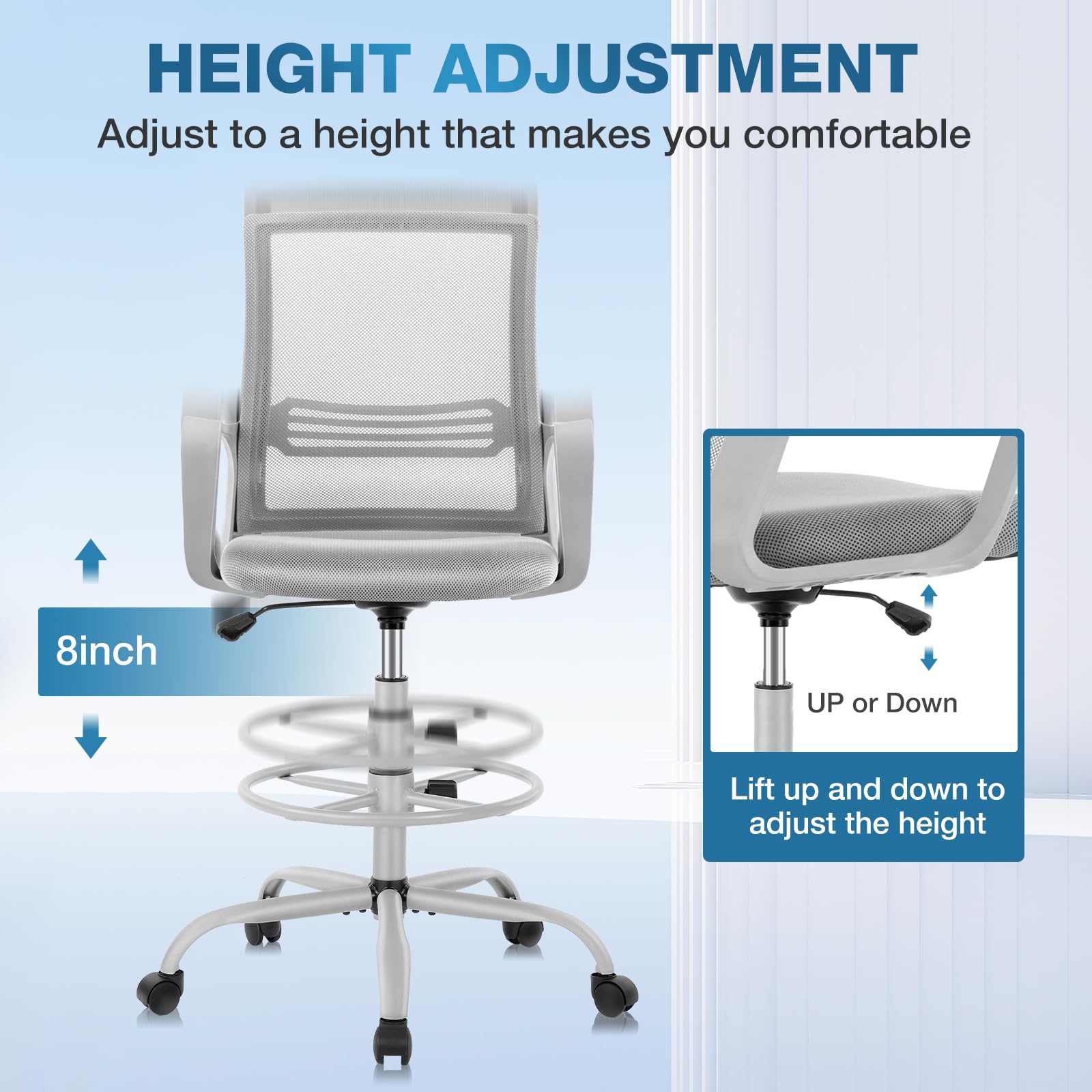 Ergonomic Drafting Chair, Tall Office Chair with Adjustable Foot Ring, Standing Desk Chair with Lumbar Support Counter Height Chair with Wheels, Grey