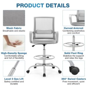 Ergonomic Drafting Chair, Tall Office Chair with Adjustable Foot Ring, Standing Desk Chair with Lumbar Support Counter Height Chair with Wheels, Grey