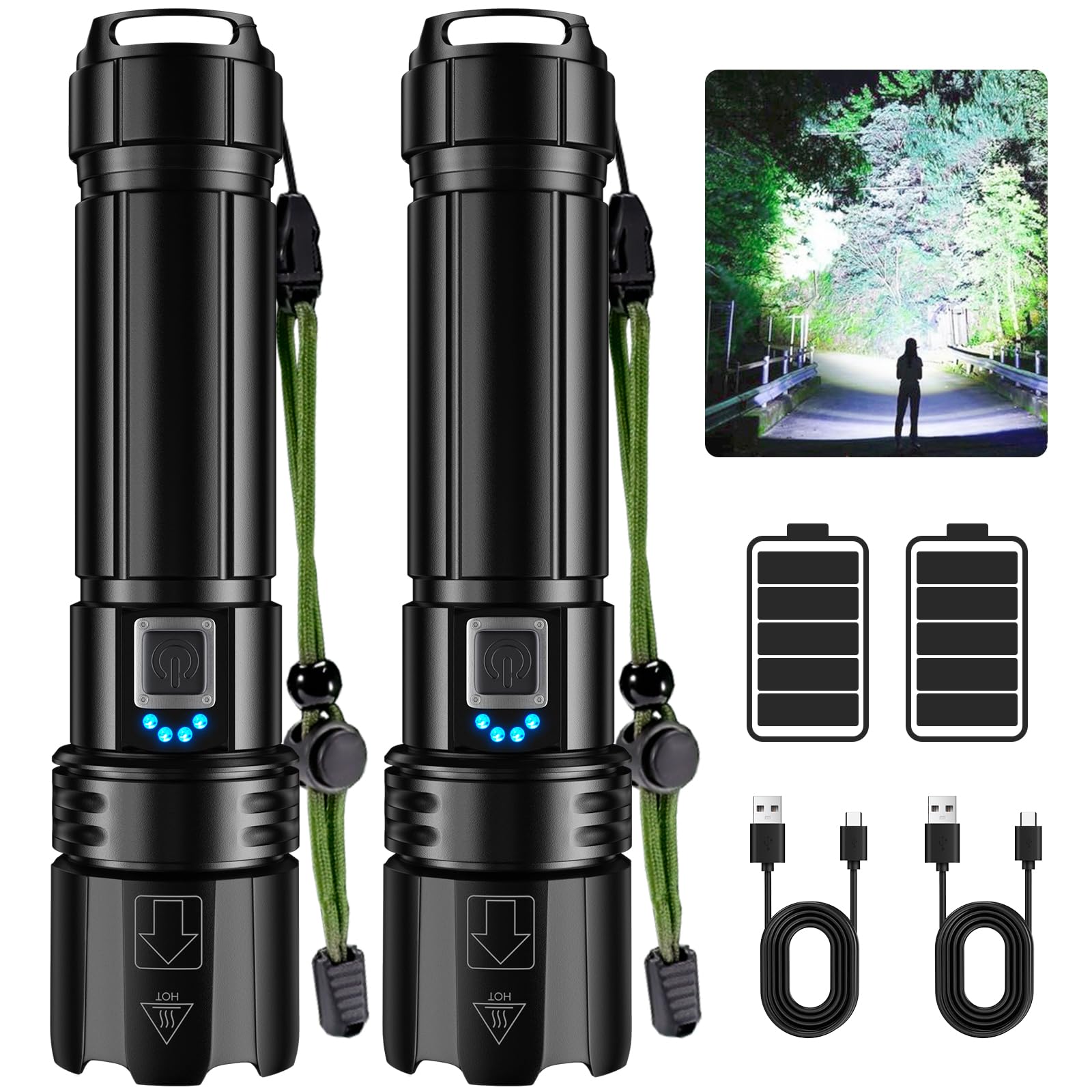 Flashlights High Lumen Rechargeable, 990,000 Lumens Super Bright LED Flashlight, High Powered Flash Light with 5000 mAh Capacity, Waterproof Handheld Flashlight for Camping Hiking(2 Pack)