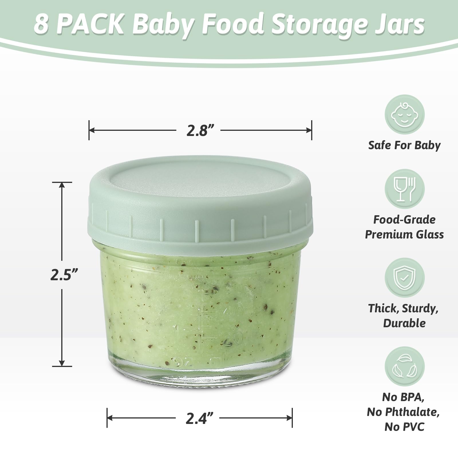 VITEVER 8 Pack Glass Baby Food Storage Containers, 4 oz Baby Food Jars with Plastic Lids, Small Baby Food Maker, Reusable Infant Freezer Container, Microwave, Dishwasher & Freezer Safe, BPA Free