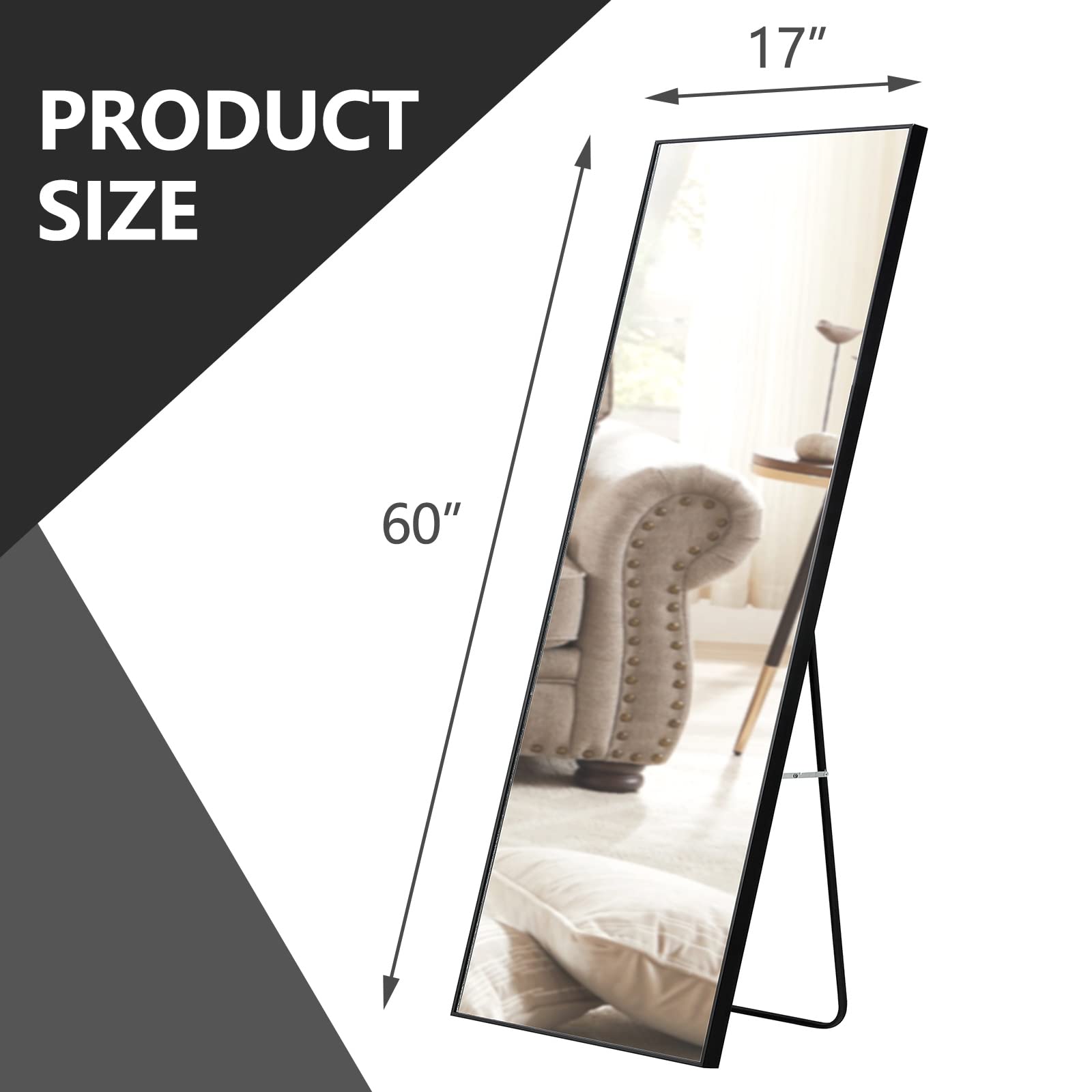 WIIS' IDEA 60"x17"Full Length Mirror,Durable Solid Wood Frame,Explosion-Proof Film,High-Definition Full Body Mirror,Standing/Leaning/Hanging Long Mirror for Bedroom,Bathroom,Living Room(Black)