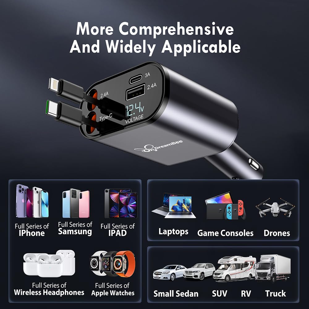 DreamBee Retractable Car Charger,66W 4 in 1 Super Fast Charge Car Phone Charger,Retractable Cables (31.5 inch) and 2 USB Ports Car Charger Adapter for iPhone 15/14/13/12 Pro Max XR,iPad,Samsung,Pixel