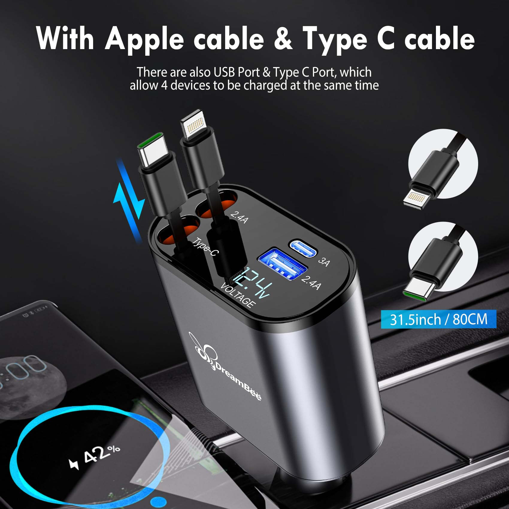 DreamBee Retractable Car Charger,66W 4 in 1 Super Fast Charge Car Phone Charger,Retractable Cables (31.5 inch) and 2 USB Ports Car Charger Adapter for iPhone 15/14/13/12 Pro Max XR,iPad,Samsung,Pixel