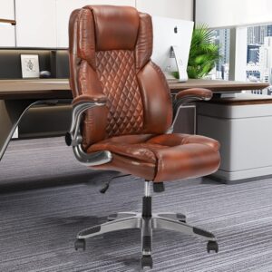 REFICCER Brown Leather Office Chair with Flip up Arms, Ergonomic Executive Office Chairs with Wheels, 90-120° Rocking High Back Office Desk Chair with Lumbar Support, Swivel Task Chairs