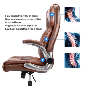 REFICCER Brown Leather Office Chair with Flip up Arms, Ergonomic Executive Office Chairs with Wheels, 90-120° Rocking High Back Office Desk Chair with Lumbar Support, Swivel Task Chairs