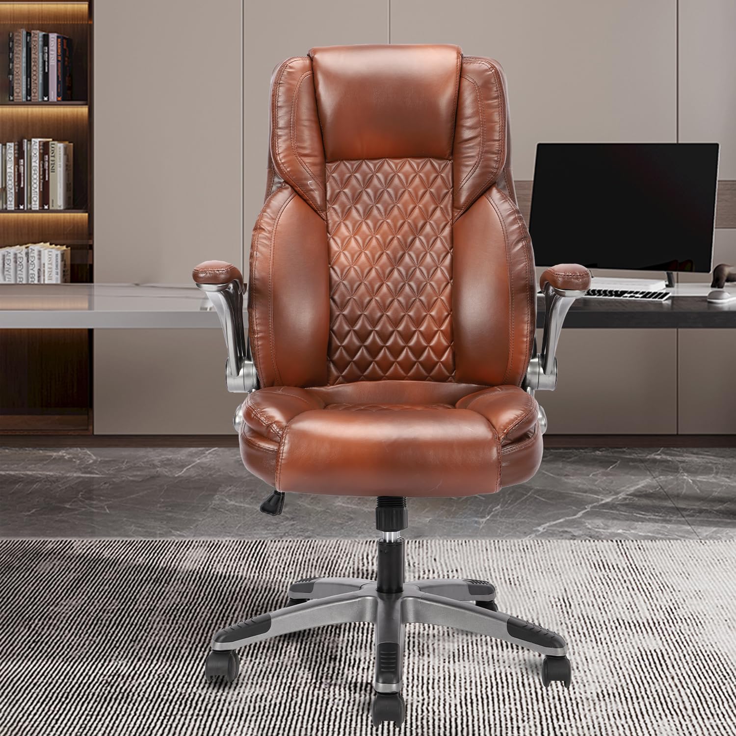 REFICCER Brown Leather Office Chair with Flip up Arms, Ergonomic Executive Office Chairs with Wheels, 90-120° Rocking High Back Office Desk Chair with Lumbar Support, Swivel Task Chairs