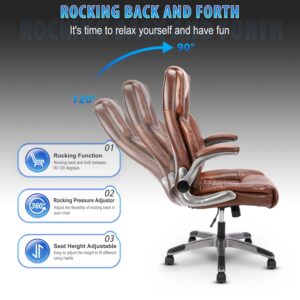 REFICCER Brown Leather Office Chair with Flip up Arms, Ergonomic Executive Office Chairs with Wheels, 90-120° Rocking High Back Office Desk Chair with Lumbar Support, Swivel Task Chairs