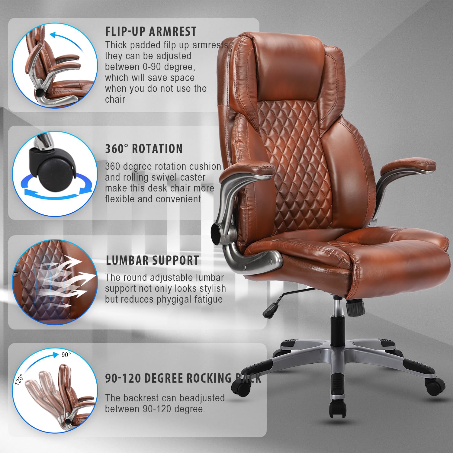 REFICCER Brown Leather Office Chair with Flip up Arms, Ergonomic Executive Office Chairs with Wheels, 90-120° Rocking High Back Office Desk Chair with Lumbar Support, Swivel Task Chairs