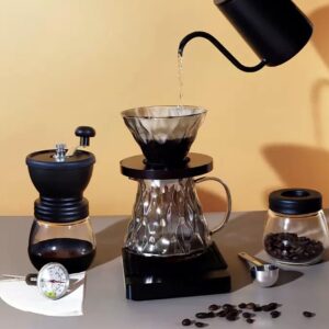 HYAXGM Pour Over Coffee Maker, 20oz/600ML Glass Carafe with Glass Coffee V60 Paper Filter 100 Sheets，Glass Pour Over Coffee Dripper With Wooden Base Stand，Drip Coffee Maker Set for Home or Office