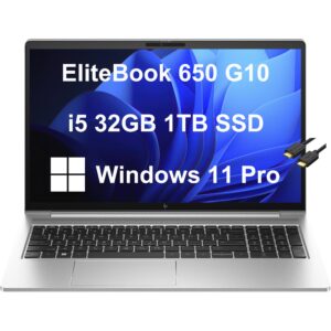 hp elitebook 650 g10 business laptop (15.6" fhd narrow bezel, intel 10-core i5-1335u, 32gb ram, 1tb ssd), 13-hour long battery life, webcam, wi-fi 6e, ethernet, ist hdmi cable, win 11 pro, silver