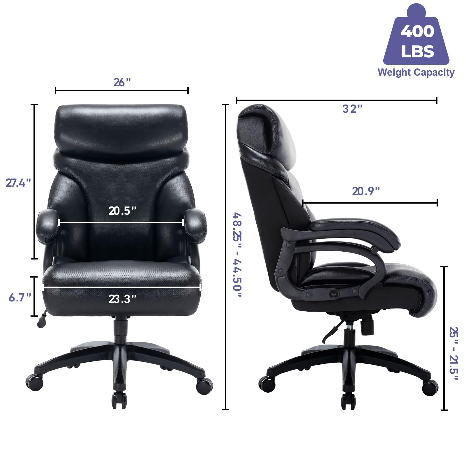 Sumeimics Big and Tall Office Chair 400 Pounds Leather Office Chair with Arms Plus Size Wide Seat Heavy Duty Office Executive Chair Black