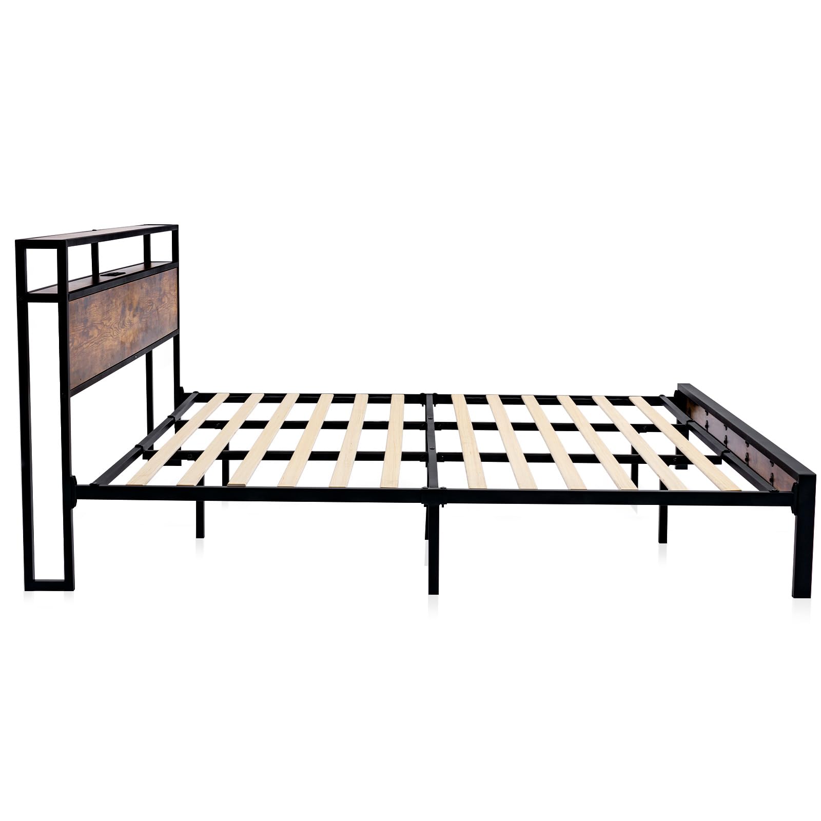 LoVinson Full Size Metal Bed Frame with Storage Headboard, Platform Bed with Charging Station & LED Lights, Wood Slat Support, No Box Spring Needed, Noise-Free, Easy Assembly, Rustic Brown