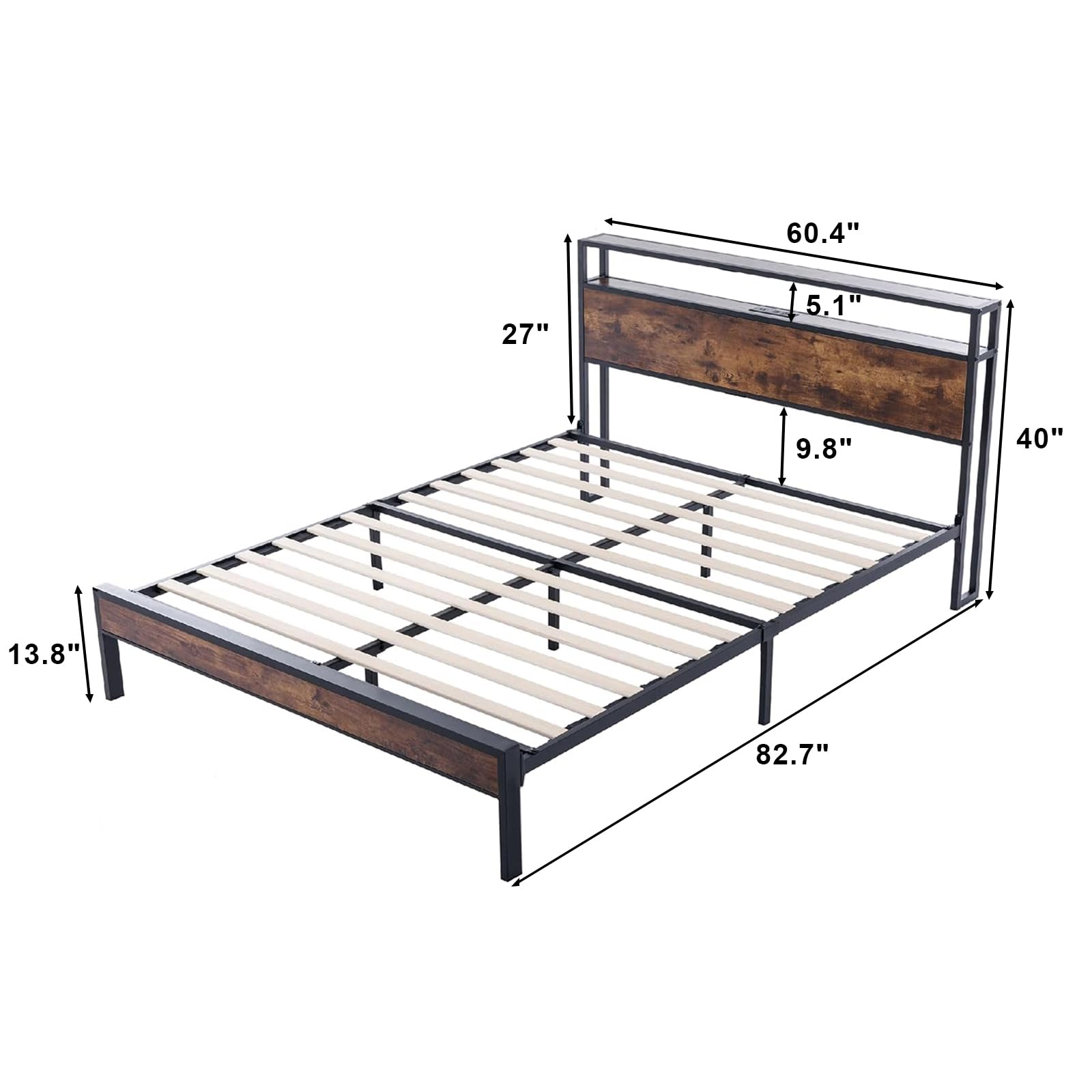 LoVinson Full Size Metal Bed Frame with Storage Headboard, Platform Bed with Charging Station & LED Lights, Wood Slat Support, No Box Spring Needed, Noise-Free, Easy Assembly, Rustic Brown