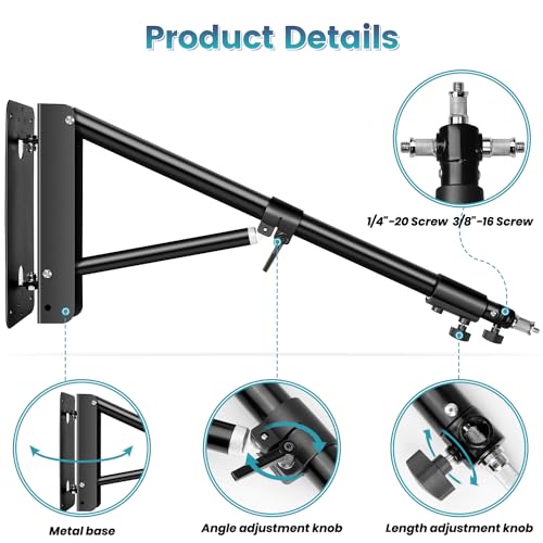 Wall Mounting Triangle Boom Arm for Ring Light: Max 51inch, 180º Flexible Rotation, Save Space, Adjustable Camera Mount Up to 4.26ft for Photography Light, Monolight, Softbox, Umbrella, Reflector etc.