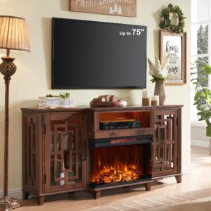 jxqtlingmu 3-sided glass fireplace tv stand for 75 inch tv, large farmhouse media console with led light, highboy entertainment center with 3 side cutouts glass doors for living room, antique brown