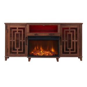 JXQTLINGMU 3-Sided Glass Fireplace TV Stand for 75 Inch TV, Large Farmhouse Media Console with LED Light, Highboy Entertainment Center with 3 Side Cutouts Glass Doors for Living Room, Antique Brown