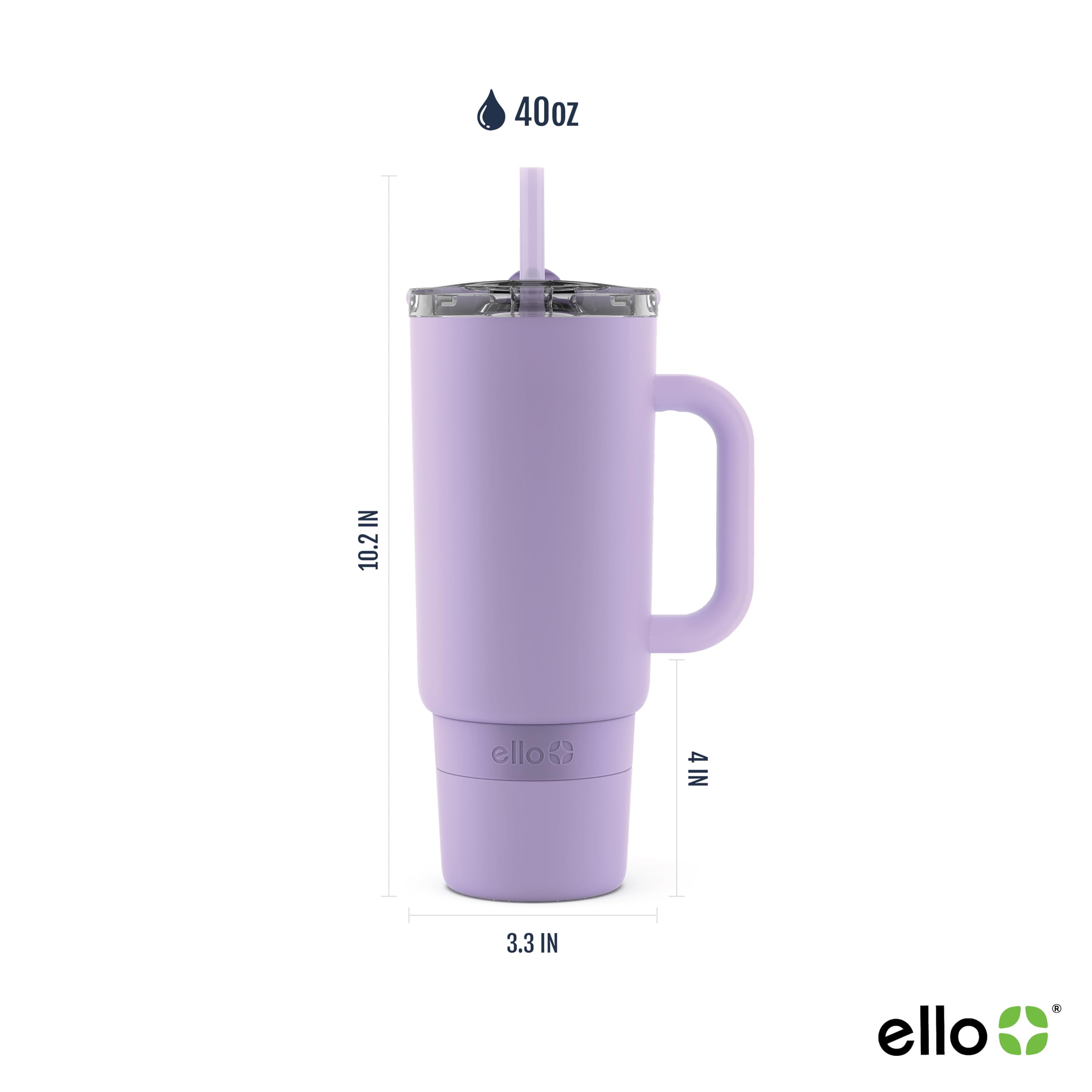 Ello Port 40oz Tumbler with Carry Loop & Integrated Handle, Vacuum Insulated Stainless Steel Reusable Water Bottle, Travel Mug with Leak Proof Lid & Straw, Perfect for Iced Coffee & Tea, Lilac