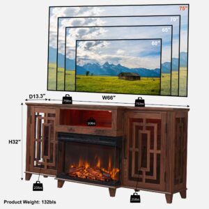 JXQTLINGMU 3-Sided Glass Fireplace TV Stand for 75 Inch TV, Large Farmhouse Media Console with LED Light, Highboy Entertainment Center with 3 Side Cutouts Glass Doors for Living Room, Antique Brown