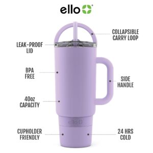 Ello Port 40oz Tumbler with Carry Loop & Integrated Handle, Vacuum Insulated Stainless Steel Reusable Water Bottle, Travel Mug with Leak Proof Lid & Straw, Perfect for Iced Coffee & Tea, Lilac