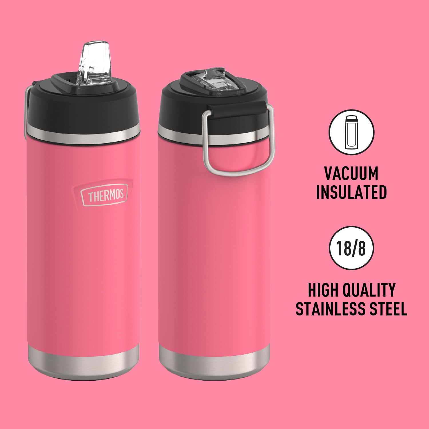 THERMOS ICON SERIES Stainless Steel Kids Water Bottle with Pivot Straw, 18 Ounce, Hot Pink