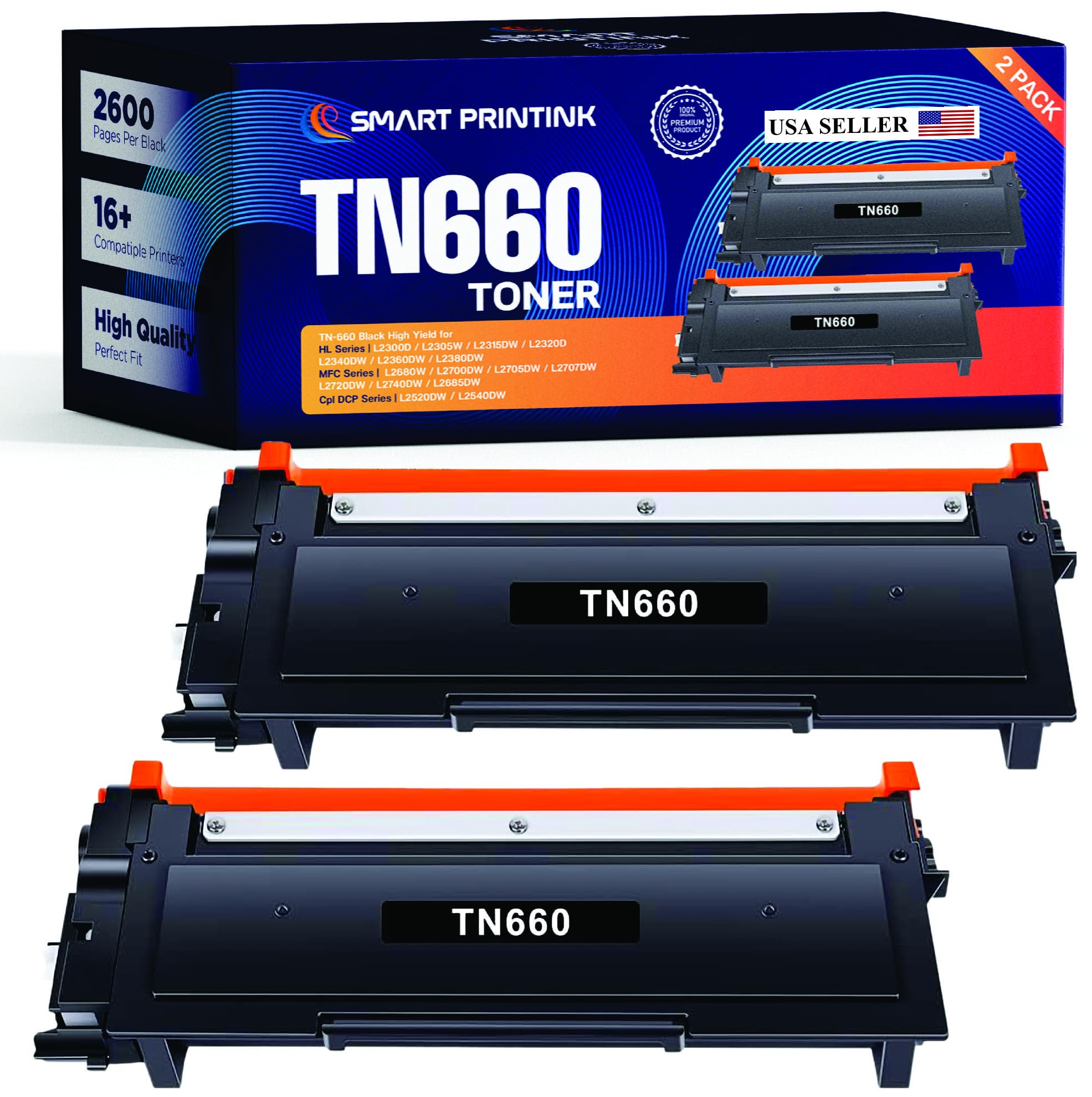 Smart Printink TN660 Toner Cartridge Replacement for Brother TN660 TN-660 TN 660 TN630 Compatible with HL-L2300D HL-L2380DW HL-L2320D DCP-L2540DW MFC-L2700DW MFC-L2685DW Printer (2 Black)