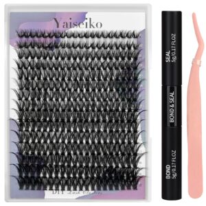 lash extension kit 50d fluffy cluster eyelash extensions kit 300 pcs diy individual lashes kit with lash bond and seal and lashes tweezers 8-16mm mix d curl wispy false eyelashes pack, by yaiseiko