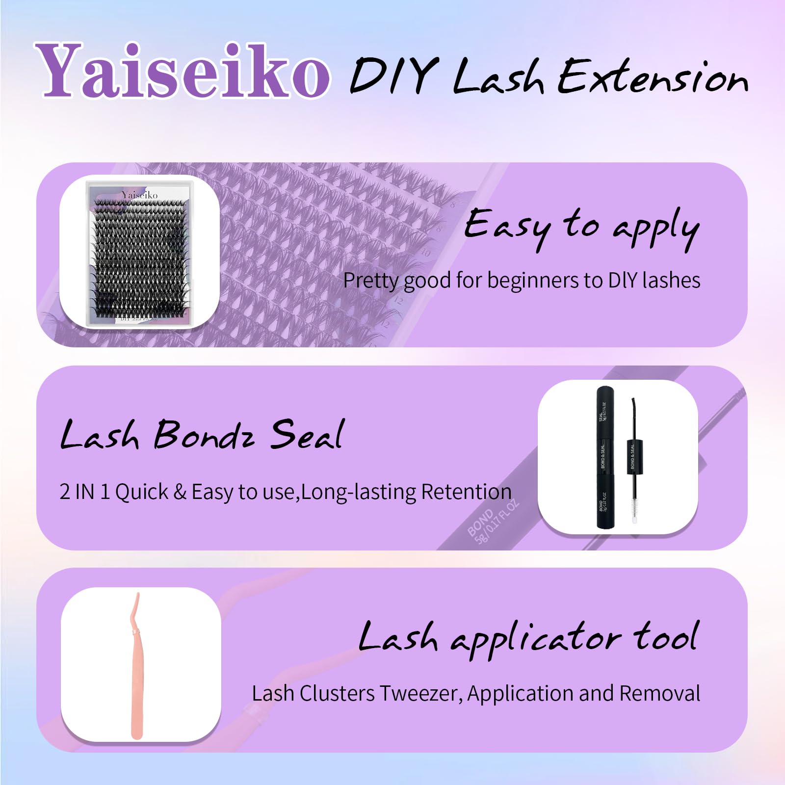 Lash Extension Kit 50D Fluffy Cluster Eyelash Extensions Kit 300 Pcs DIY Individual Lashes Kit with Lash Bond and Seal and Lashes Tweezers 8-16mm Mix D Curl Wispy False Eyelashes Pack, by Yaiseiko