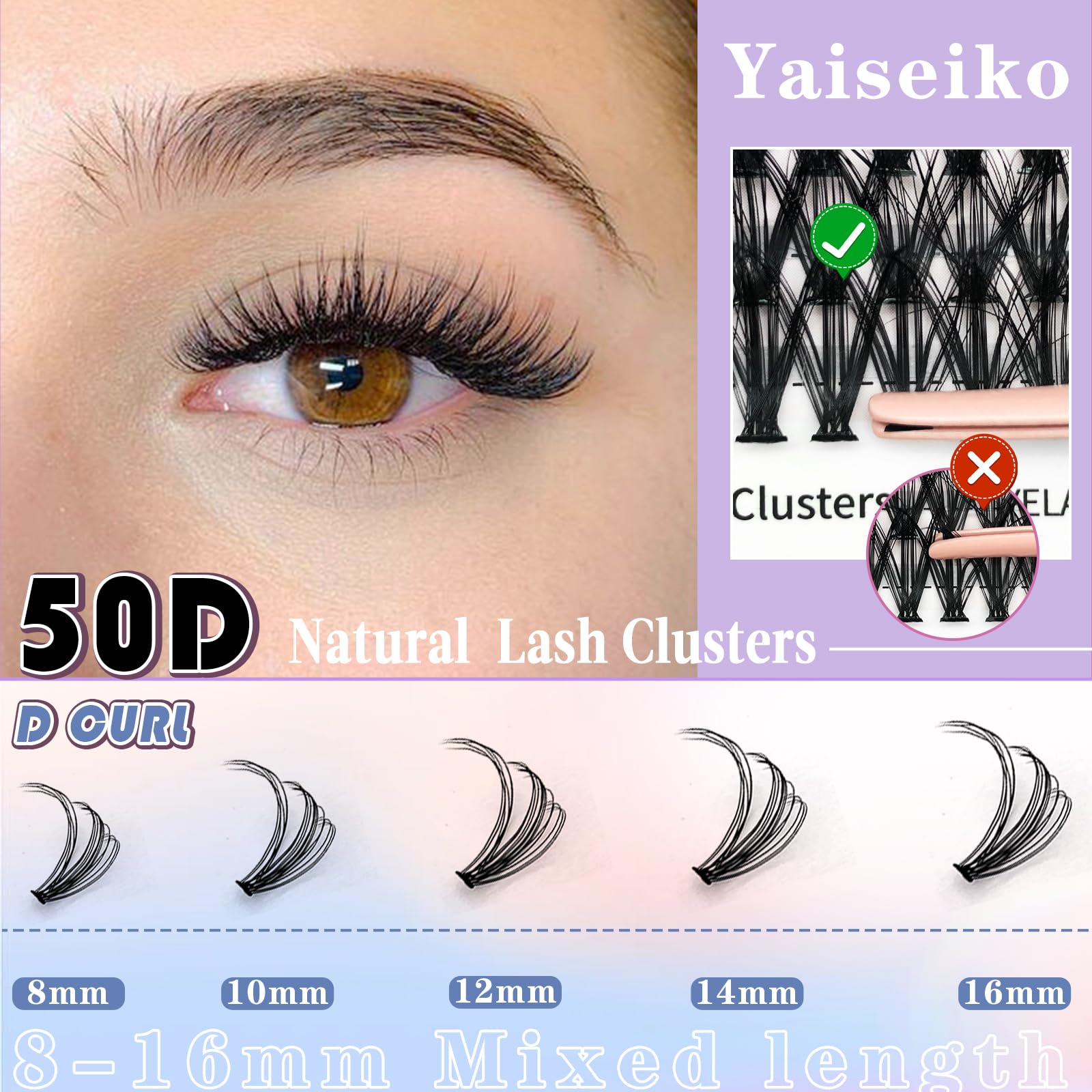 Lash Extension Kit 50D Fluffy Cluster Eyelash Extensions Kit 300 Pcs DIY Individual Lashes Kit with Lash Bond and Seal and Lashes Tweezers 8-16mm Mix D Curl Wispy False Eyelashes Pack, by Yaiseiko