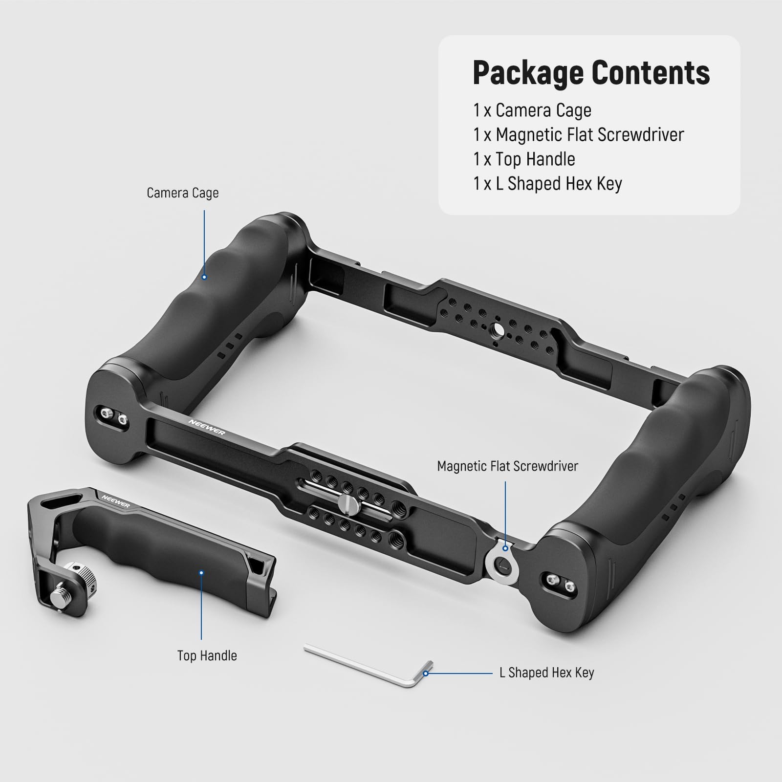 NEEWER Universal Camera Cage & Top Handle with 3/8" ARRI Locating Pins Kit, Video Rig Camera Stabilizer with Arca Type Base, Dual Handgrips, Compatible with SmallRig Accessories, CA016T