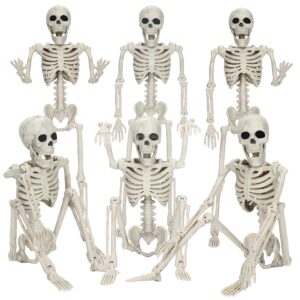 ernesqi 6 pack halloween skeleton decorations, 16" full body posable skeleton with movable joints for halloween, graveyard, haunted houses, indoor outdoor horror atmosphere decorations