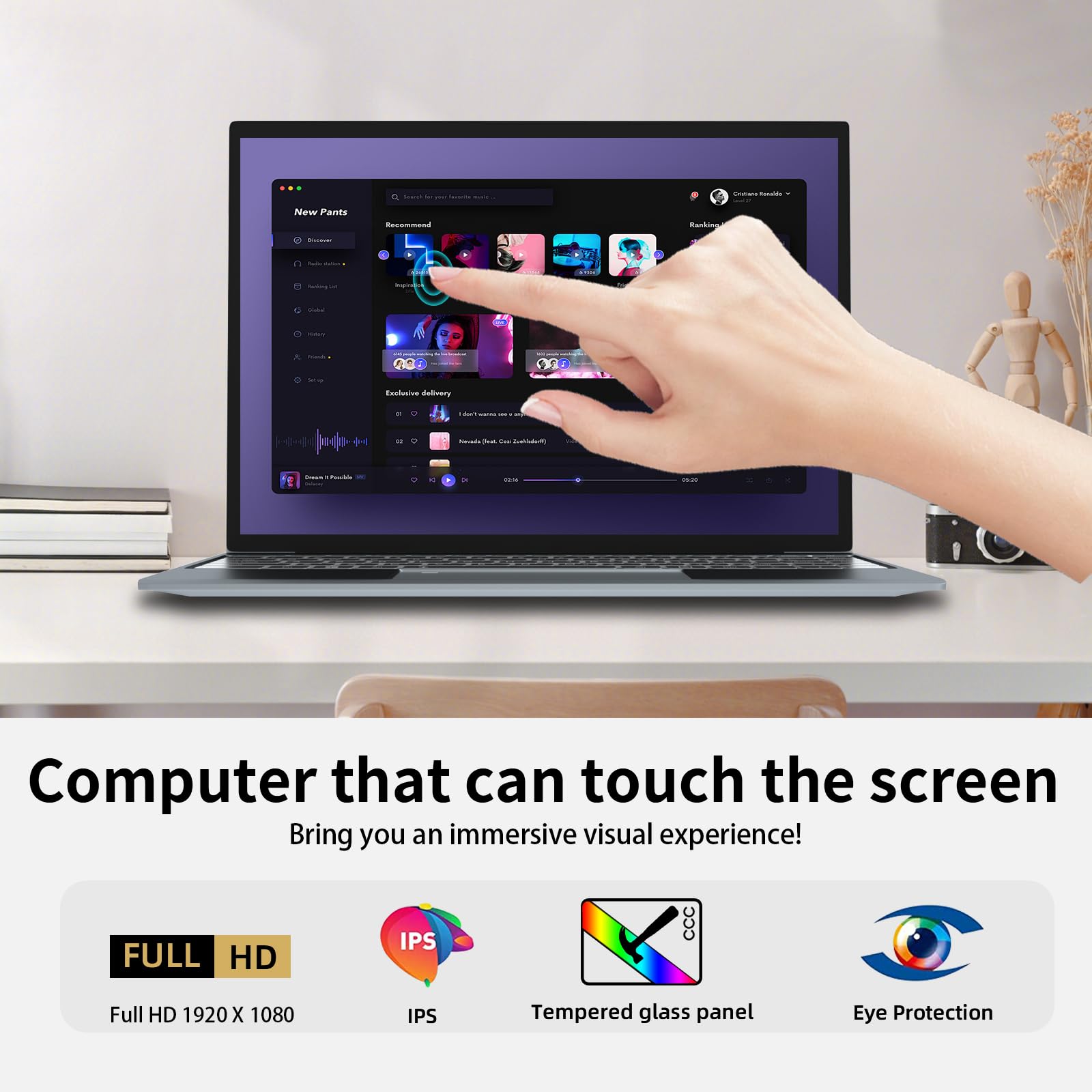 Morostron 15.6" Touch Screen Laptop 16GB RAM 1TB SSD 1080P FHD, Win11 Quad-Core Processor, Full Metal Laptop with Backlit Keyboard & Finger Print Touch ID, AC WiFi, WPS, Mini HDMI, USB 3.0
